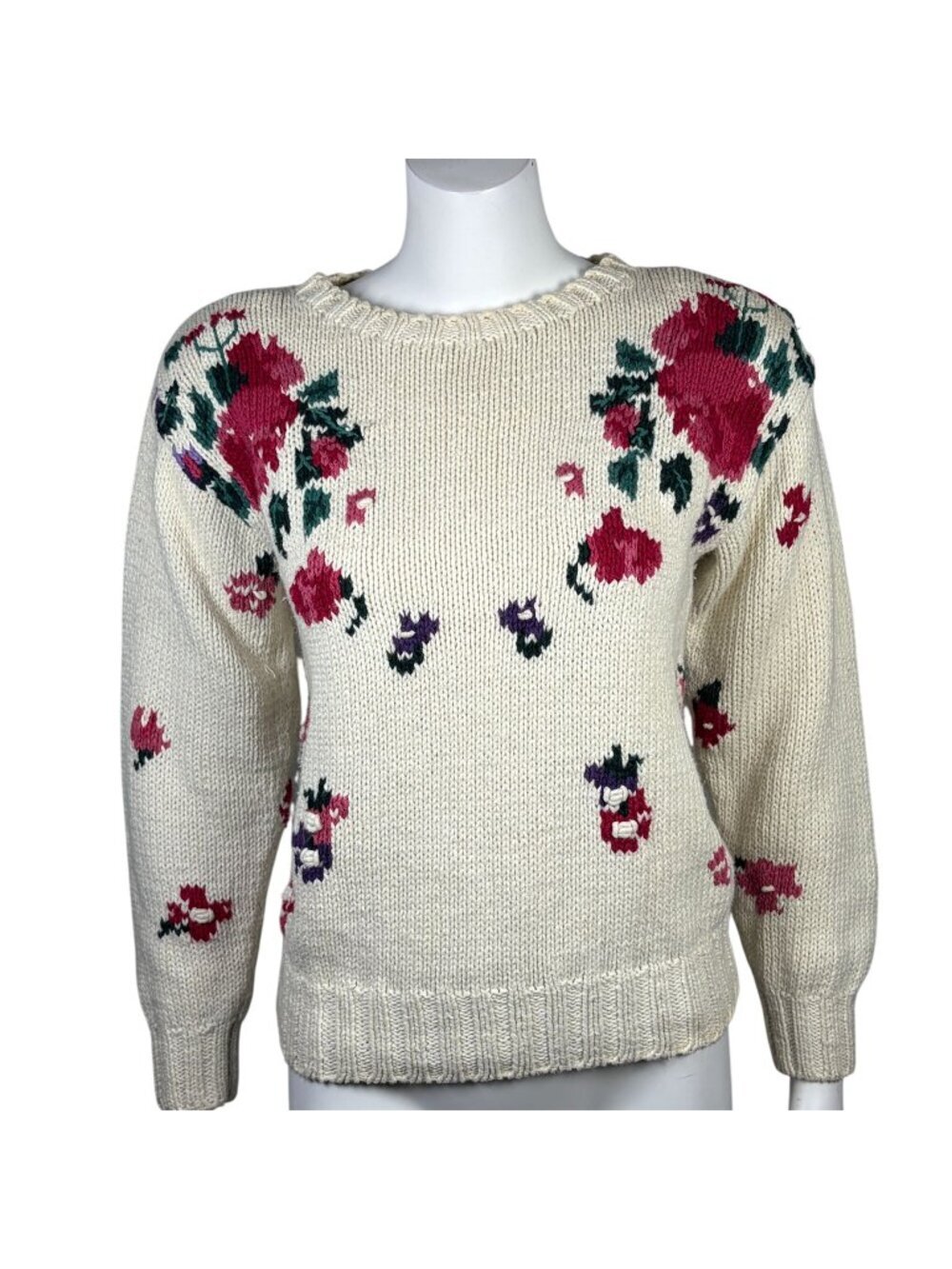 Vintage Distinction Hand Knitted Sweater Womens Size S Floral Cottagecore